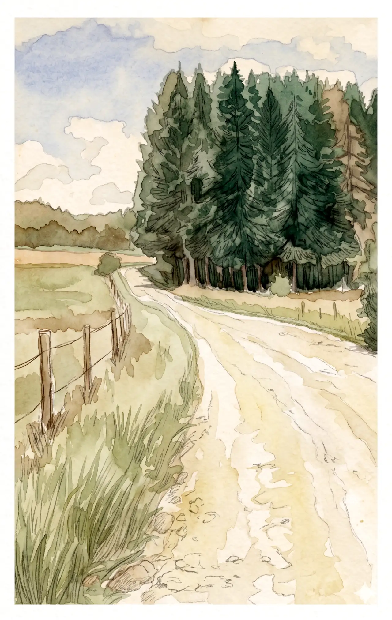 Illustration à l'aquarelle numérique d'un chemin de campagne aux alentours de Carlsbourg.
