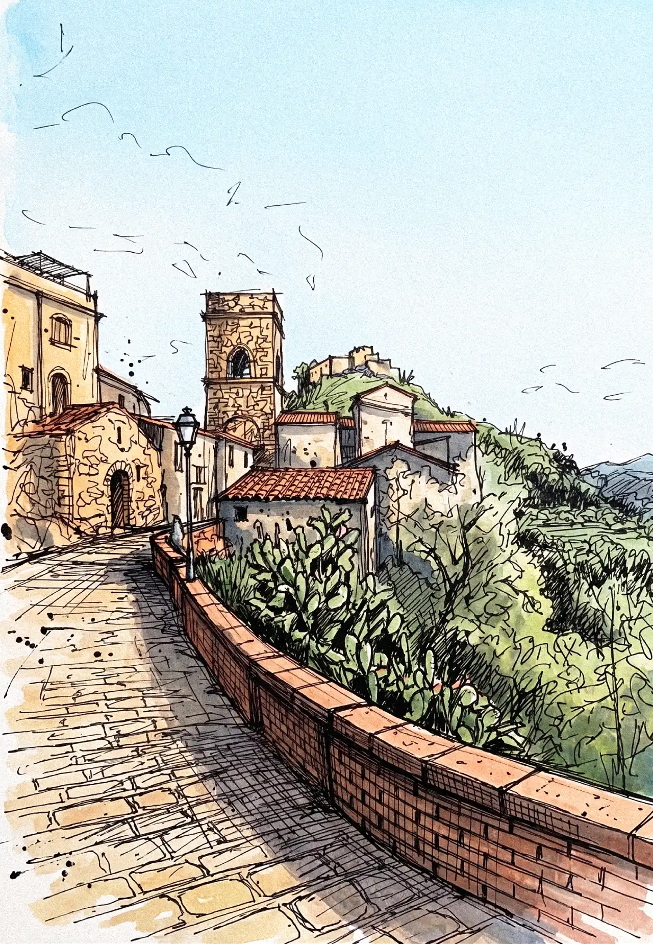 Illustration numérique des ruelles typiques de Savoca.