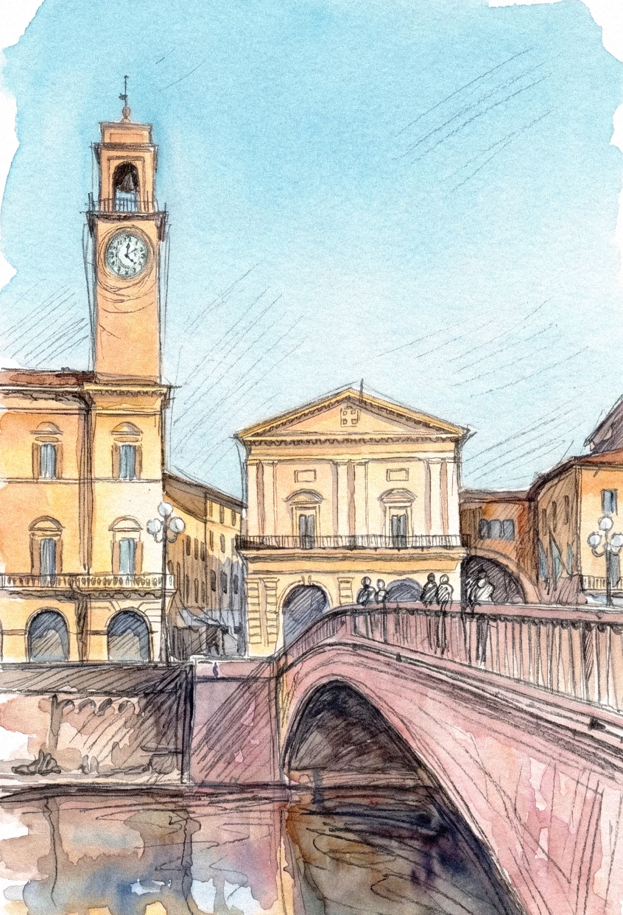 Illustration à l'aquarelle et au trait représentant le Ponte di Mezzo enjambant l'Arno à Pise, avec la tour de l'horloge du Palazzo Pretorio sur les Lungarni.