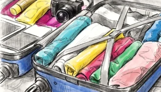 Valise cabine ouverte et optimisée avec des vêtements colorés roulés, un appareil photo et des organisateurs de bagage.