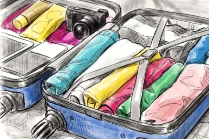 Valise cabine ouverte et optimisée avec des vêtements colorés roulés, un appareil photo et des organisateurs de bagage.