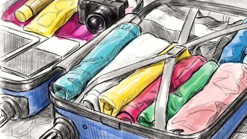 Valise cabine ouverte et optimisée avec des vêtements colorés roulés, un appareil photo et des organisateurs de bagage.