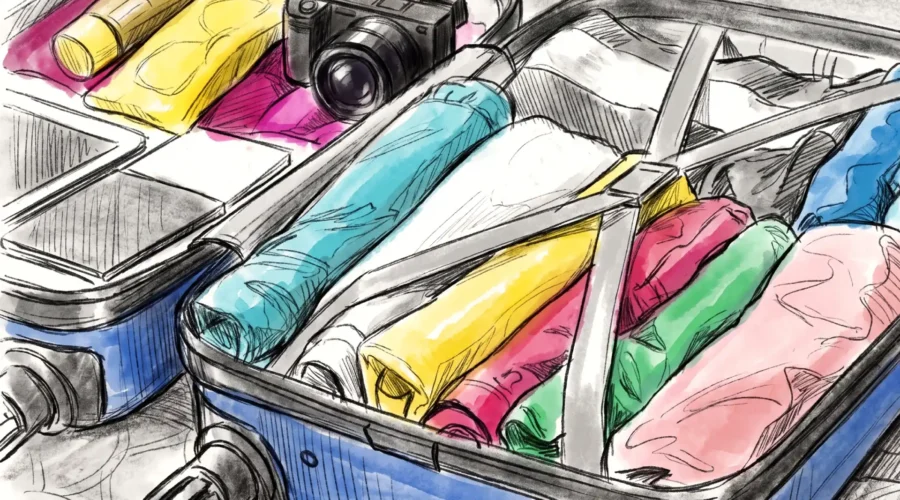 Valise cabine ouverte et optimisée avec des vêtements colorés roulés, un appareil photo et des organisateurs de bagage.