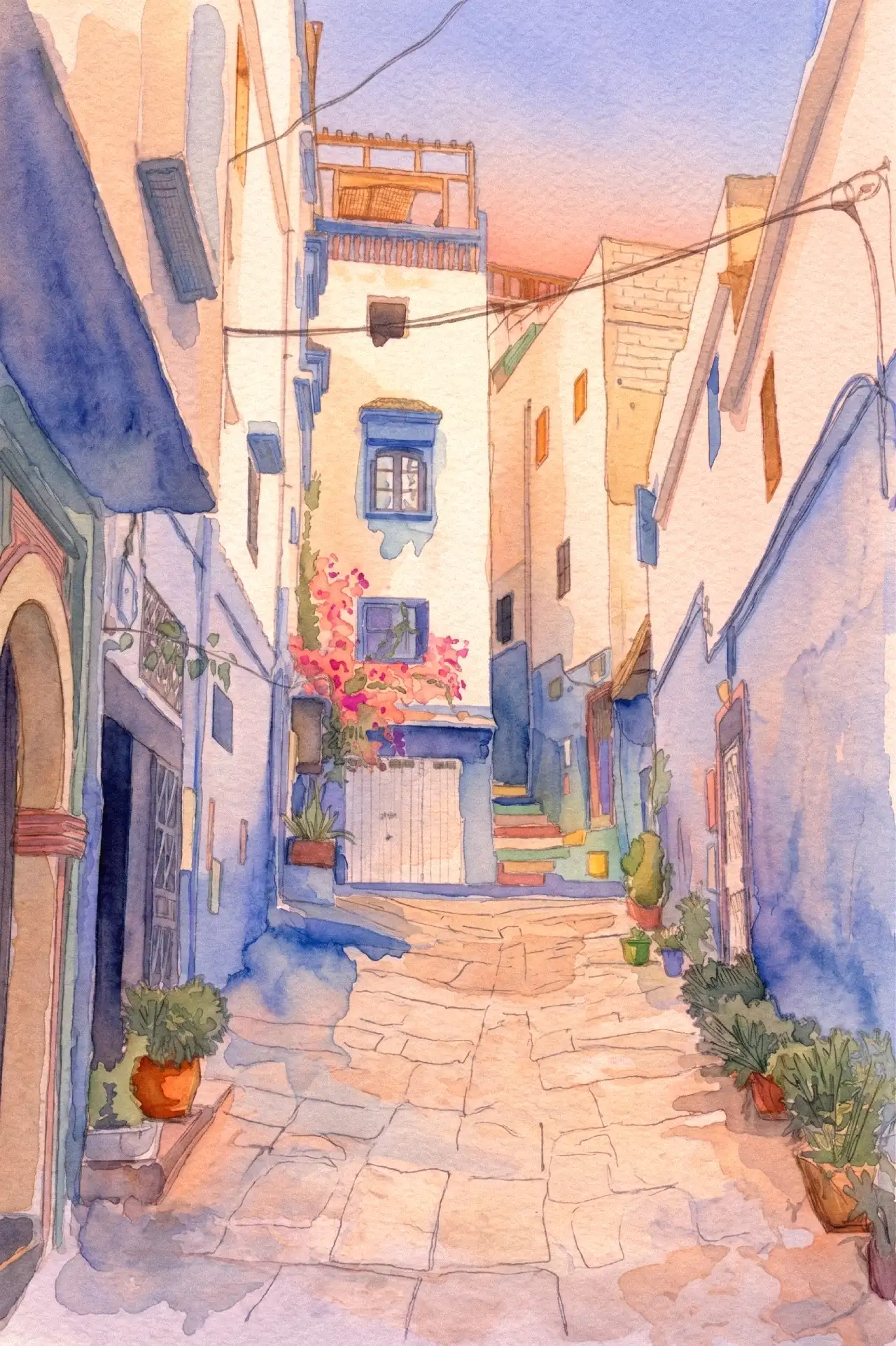 Illustration en aquarelle d'une ruelle typique du village de Taghazout au Maroc, avec ses façades blanches et bleues, ses pots de fleurs et une lumière dorée de fin de journée.
