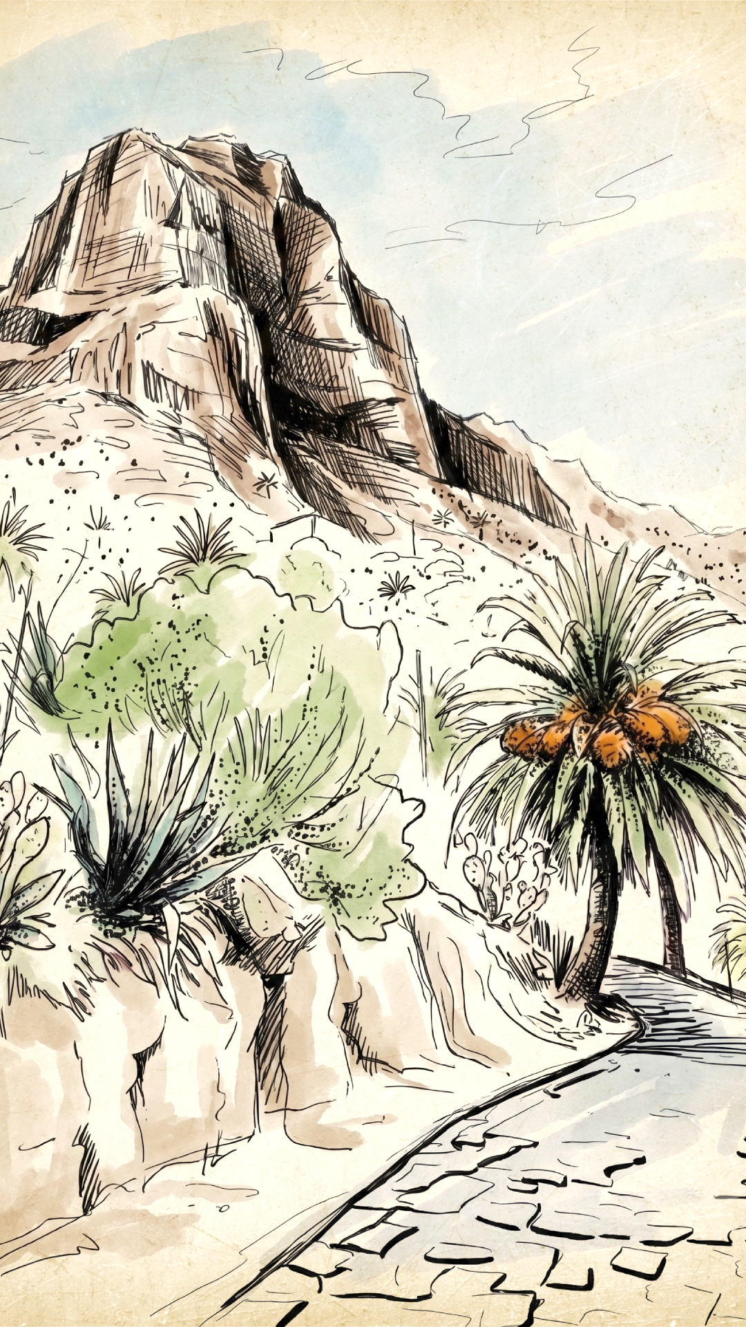 Illustration réalisée par Thierry des roches impressionnantes qui entourent Masca