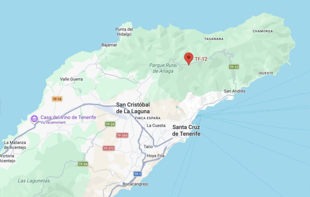 Carte de localisation de la route TF-12 dans le Parque Rural de Anaga au nord-est de Tenerife
