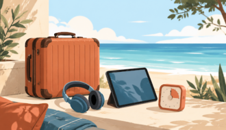 Valise, casque audio, tablette et minuterie pour un loisir numérique limité en voyage.