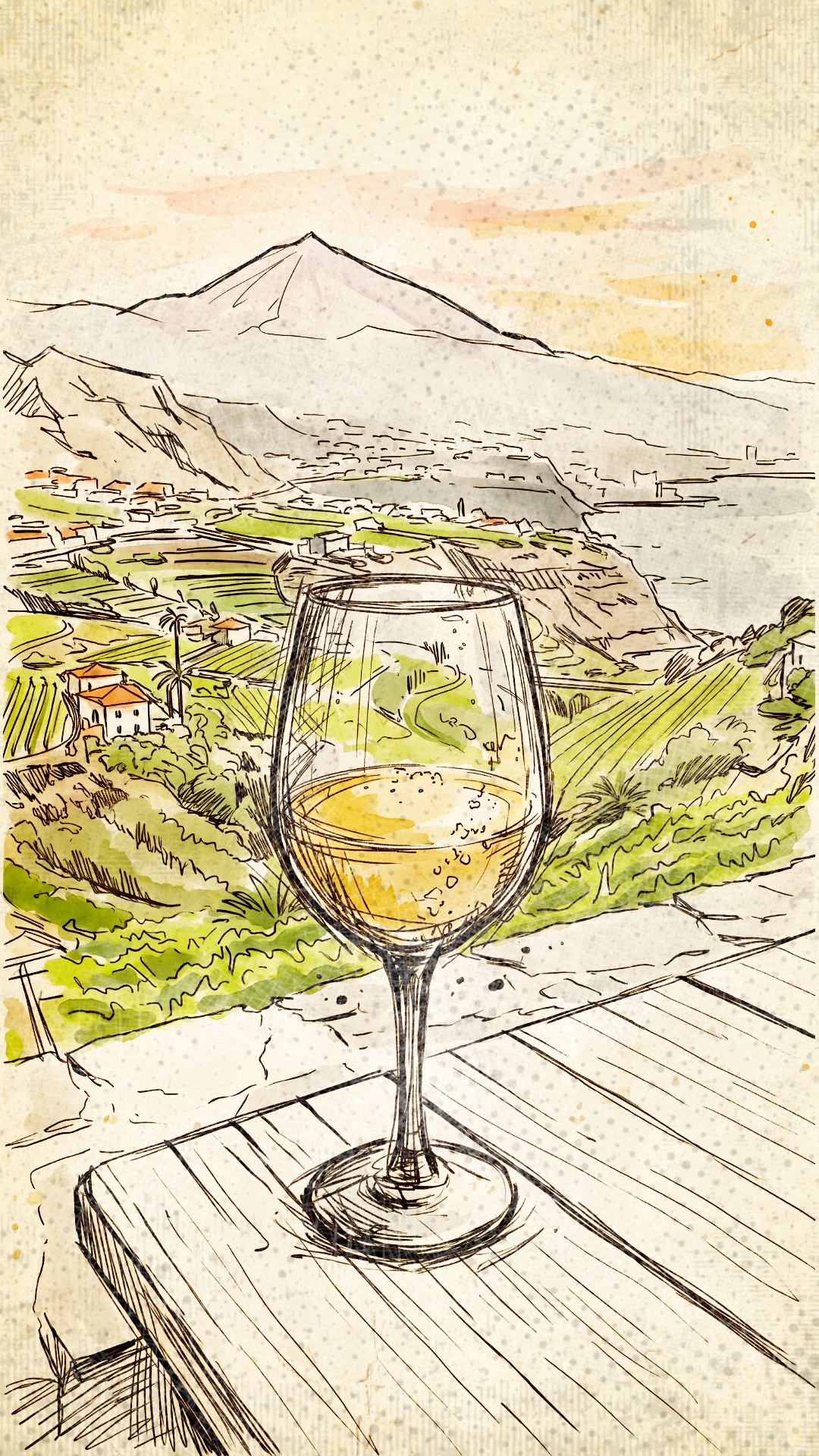 Illustration d'un verre de vin blanc sur une table en bois avec vue sur le mont Teide et les vignobles de Tenerife