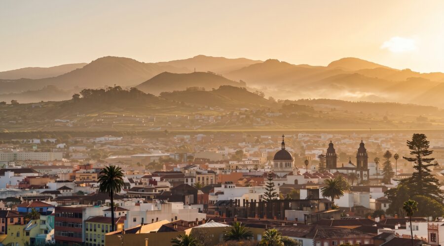 Vue panoramique sur la ville de San Cristóbal de La Laguna à Tenerife au coucher du soleil avec la cathédrale et les montagnes en arrière-plan.